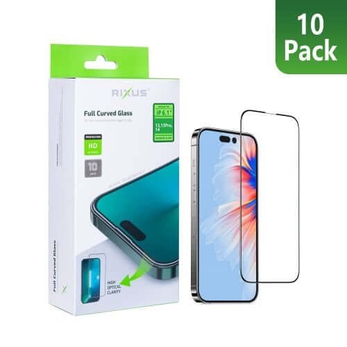 Rixus Clear HD Full Curved Edge Schutzglas für iPhone 14 / 13 / 13 Pro / 16e / 17e – 10er-Pack