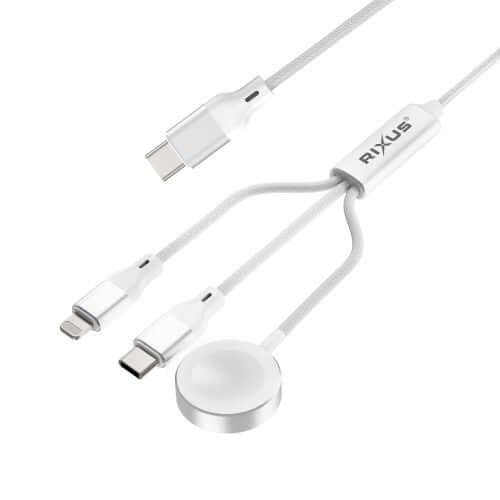3-in-1 oplaadkabel voor telefoon en smartwatch in wit met USB-C, Lightning en magnetische connector.