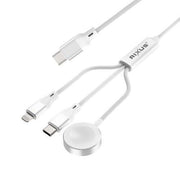 3-in-1 oplaadkabel voor telefoon en smartwatch in wit met USB-C, Lightning en magnetische connector.