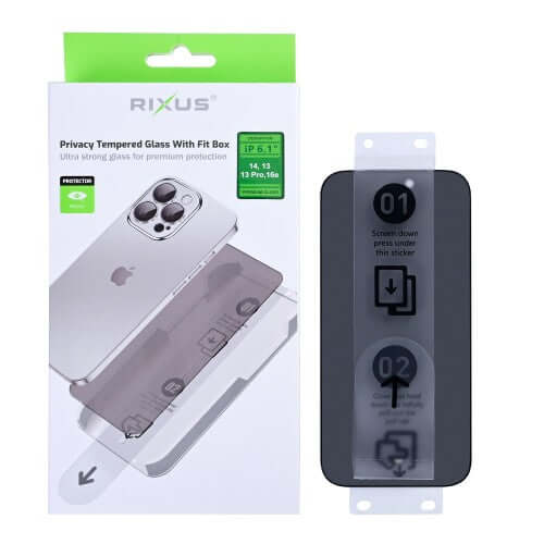 Rixus Privacy Schutzglas mit Fit Box für iPhone 14 / 13 / 13 Pro / 16e / 17e