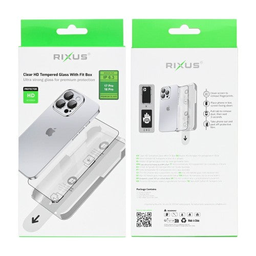 Rixus Clear HD gehard glas screenprotector iPhone 17 Pro 18 Pro met montage Fit Box en gebruiksinstructies.