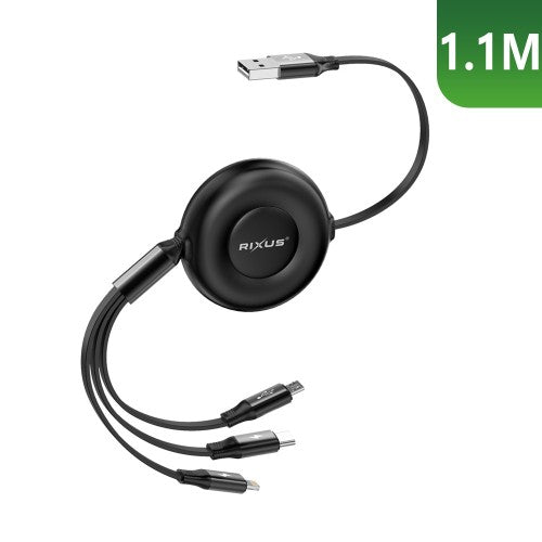 Rixus RXUC25 3-in-1 intrekbare multi snellaadkabel zwart – kabeldetail