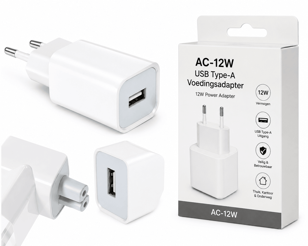 AC-12W USB-A Voedingsadapter – 12W Wandlader – Wit (Met Verpakking) - Laad Centrum