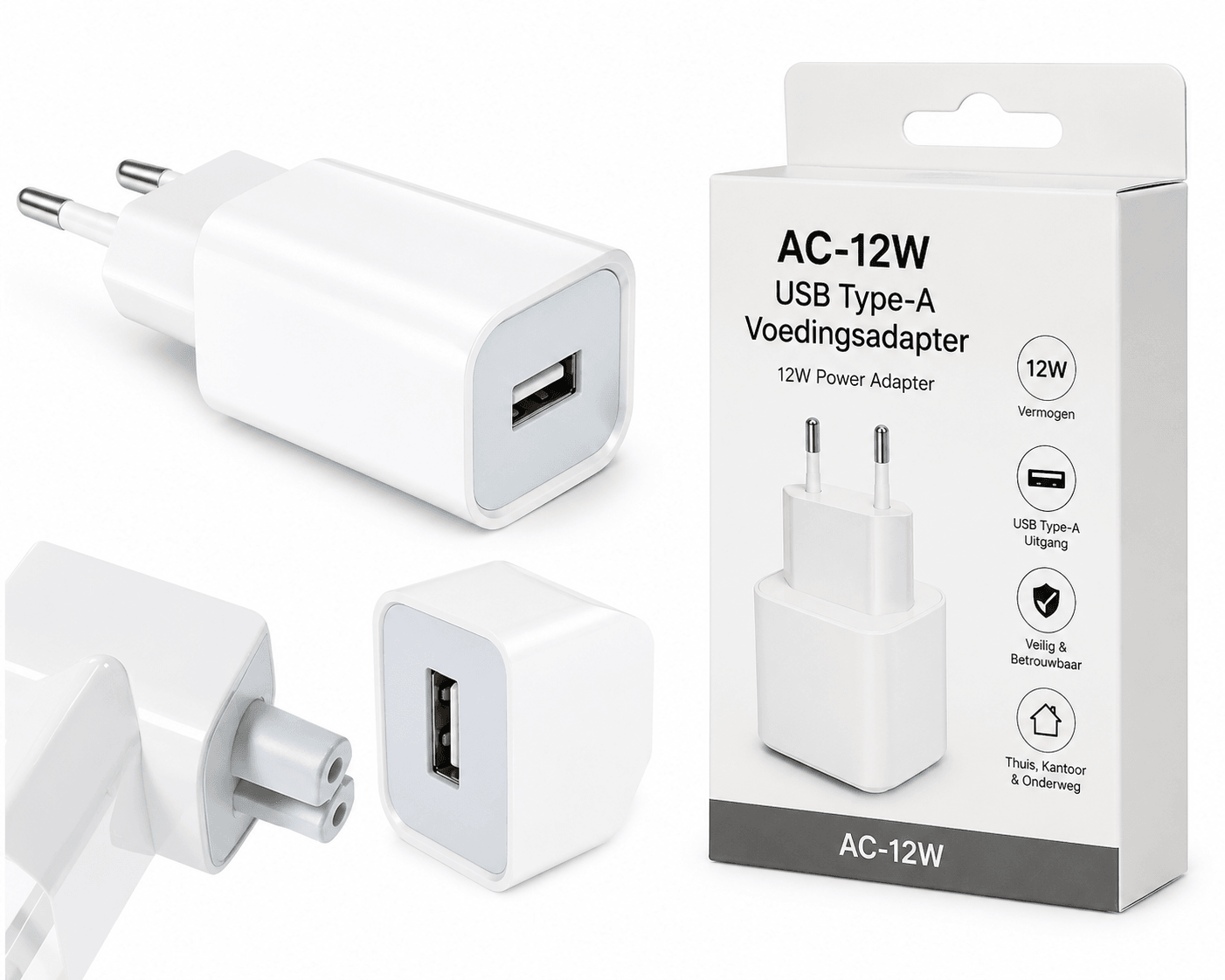 AC-12W USB-A Voedingsadapter – 12W Wandlader – Wit (Met Verpakking) - Laad Centrum