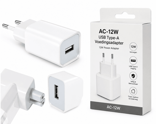 AC-12W USB-A Voedingsadapter – 12W Wandlader – Wit (Met Verpakking) - Laad Centrum