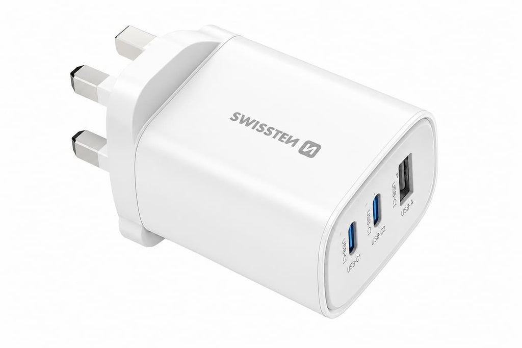 Swissten Edge GaN Travel Charger 65W UK Plug – 2x USB-C PD + USB-A QC3.0 – Wit - Laad Centrum