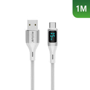 Rixus RXUC29AC USB-A naar USB-C kabel met LED-display in wit met gevlochten design.
