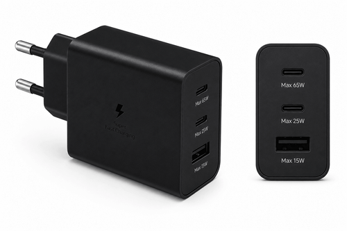 Samsung 65W Power Adapter Trio – 2x USB-C & 1x USB-A Super Fast Charger – Zwart (Retail) - Laad Centrum