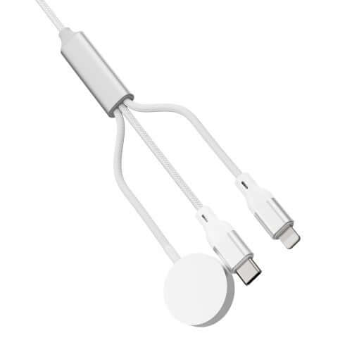 3-in-1 oplaadkabel voor telefoon en smartwatch met twee aansluitingen en 1,2 meter lengte in kleur wit.