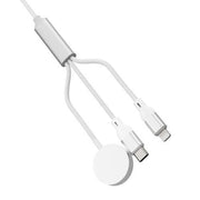 3-in-1 oplaadkabel voor telefoon en smartwatch met twee aansluitingen en 1,2 meter lengte in kleur wit.