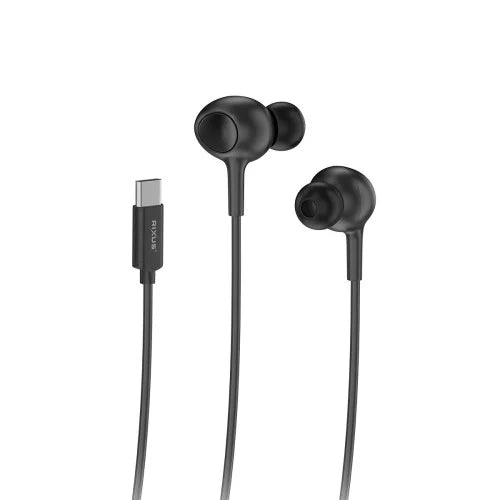 Rixus USB-C oordopjes met microfoon, zwart, bedraad in-ear ontwerp met USB-C-aansluiting.