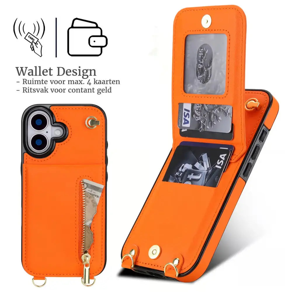 Guess Fashion hoesje met koord – iPhone 17 Oranje - Portemonneehoesje