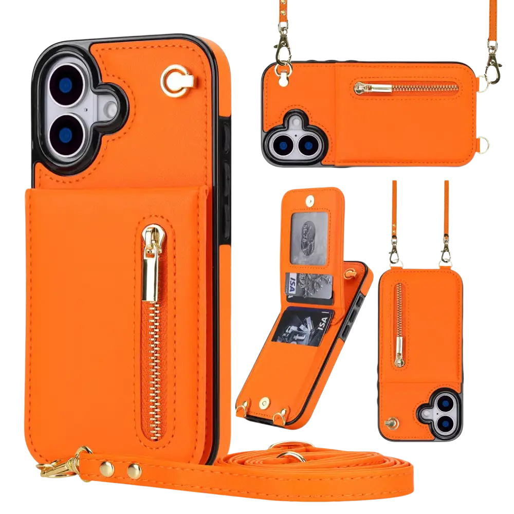 Guess Fashion hoesje met koord – iPhone 17 Oranje - Portemonneehoesje