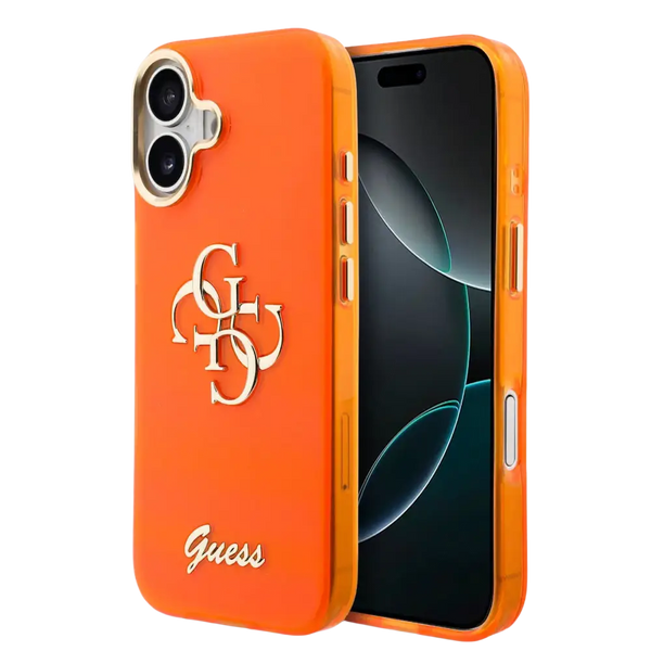 Guess IML 4G Script Metal Logo Hoesje – iPhone 17 Oranje - Back cover