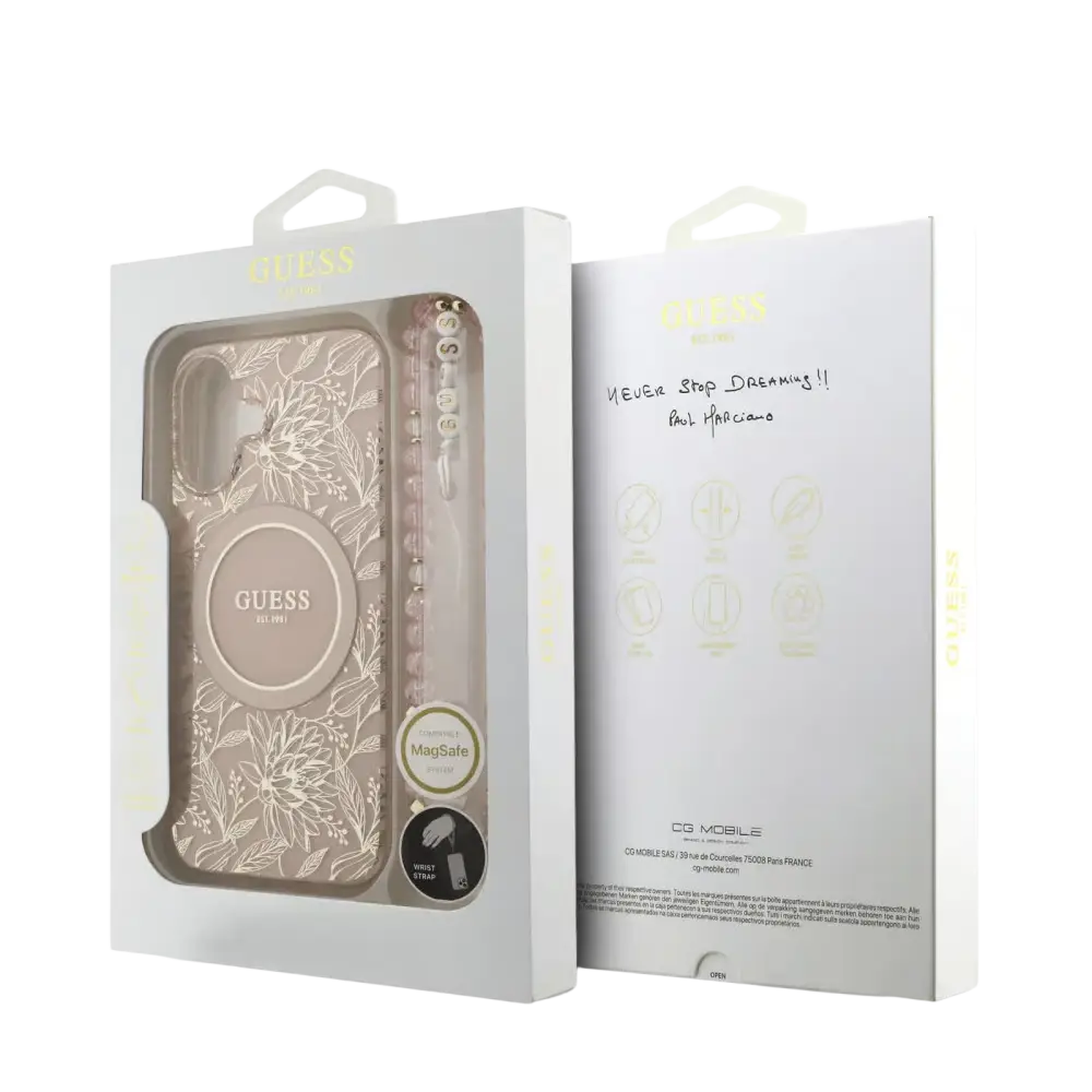 Guess IML Flowers Allover Hoesje met MagSafe en koord – iPhone 17 Roze - Back cover draagkoord