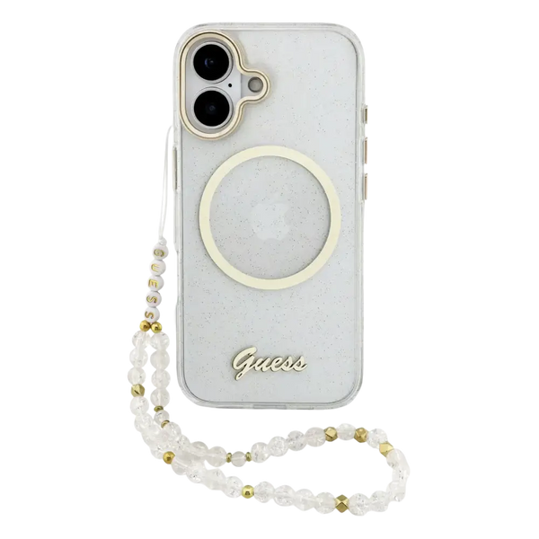 Guess IML Glitter Script Strap MagSafe Hoesje – iPhone 17 Transparant - Back cover met draagkoord