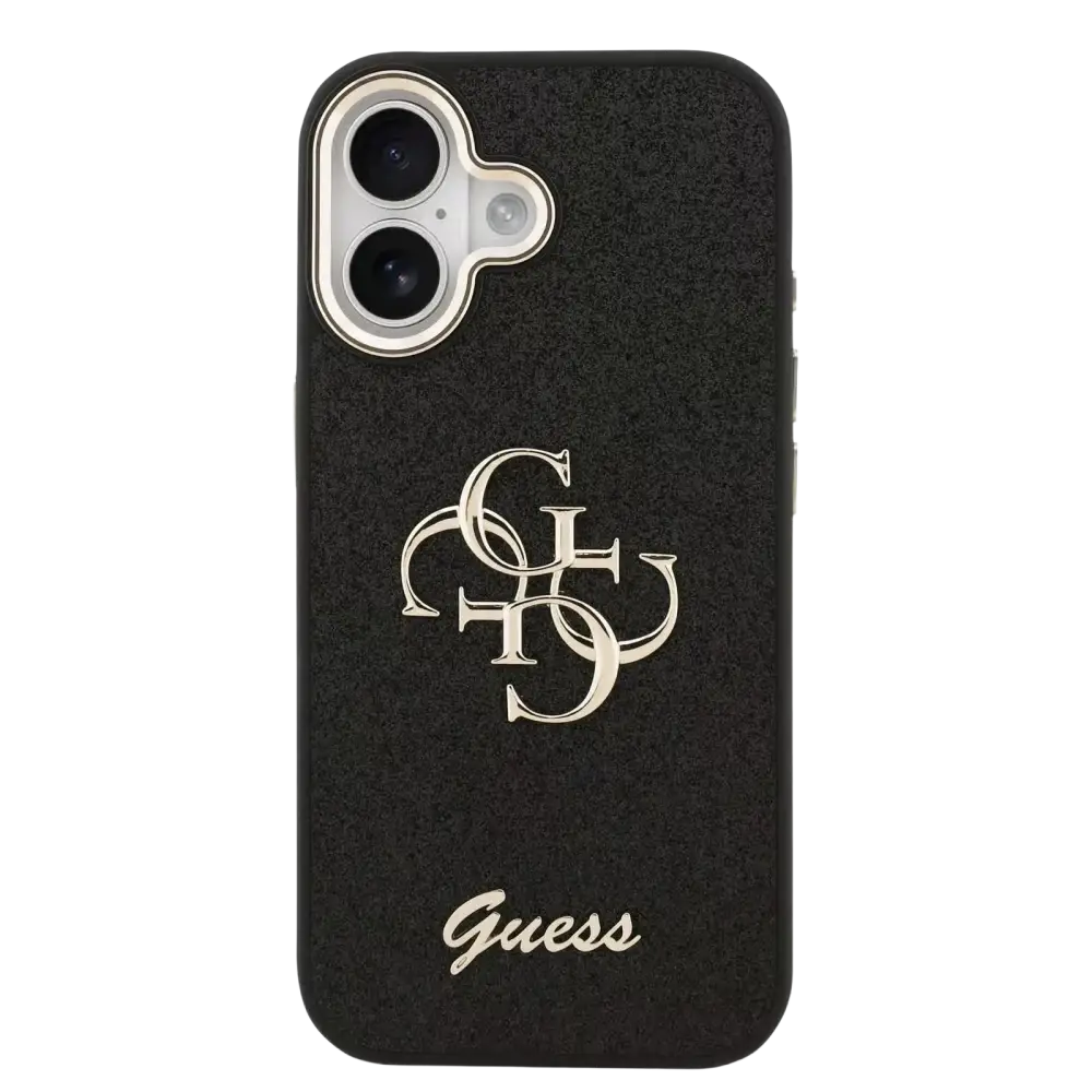 Guess PU Fixed Glitter 4G Metal Frame Hoesje – iPhone 17 Zwart - Back cover