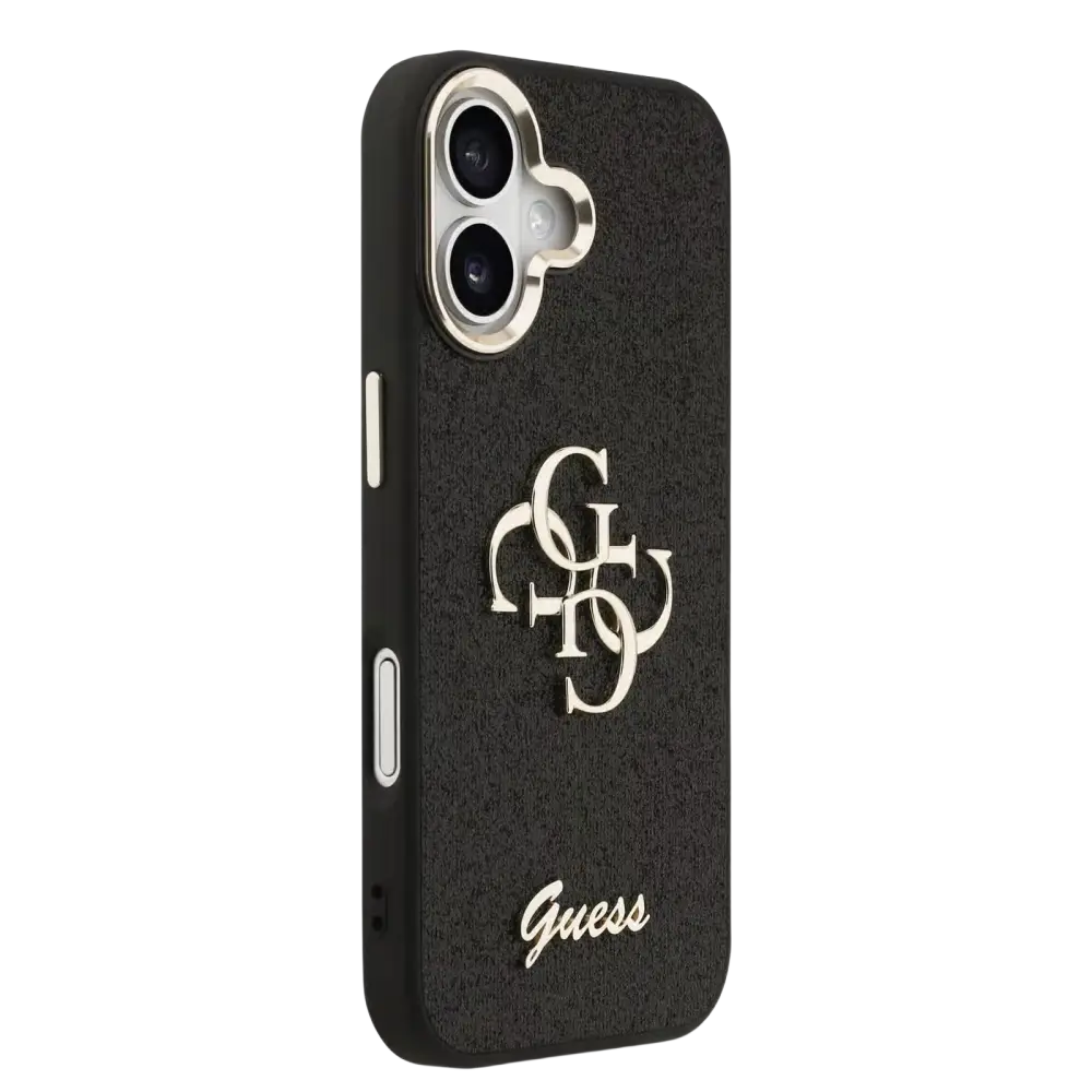 Guess PU Fixed Glitter 4G Metal Frame Hoesje – iPhone 17 Zwart - Back cover