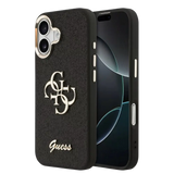 Guess PU Fixed Glitter 4G Metal Frame Hoesje – iPhone 17 Zwart - Back cover