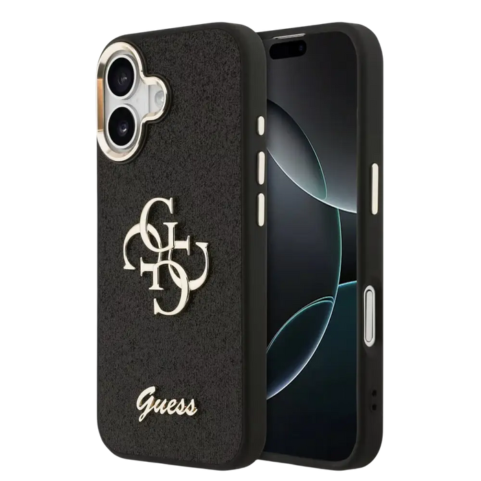 Guess PU Fixed Glitter 4G Metal Frame Hoesje – iPhone 17 – Zwart