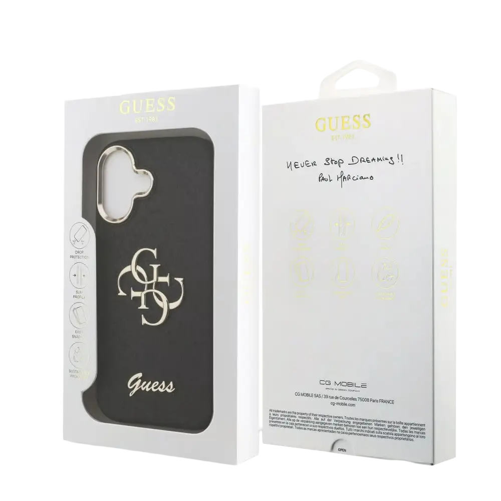 Guess PU Fixed Glitter 4G Metal Frame Hoesje – iPhone 17 Zwart - Back cover