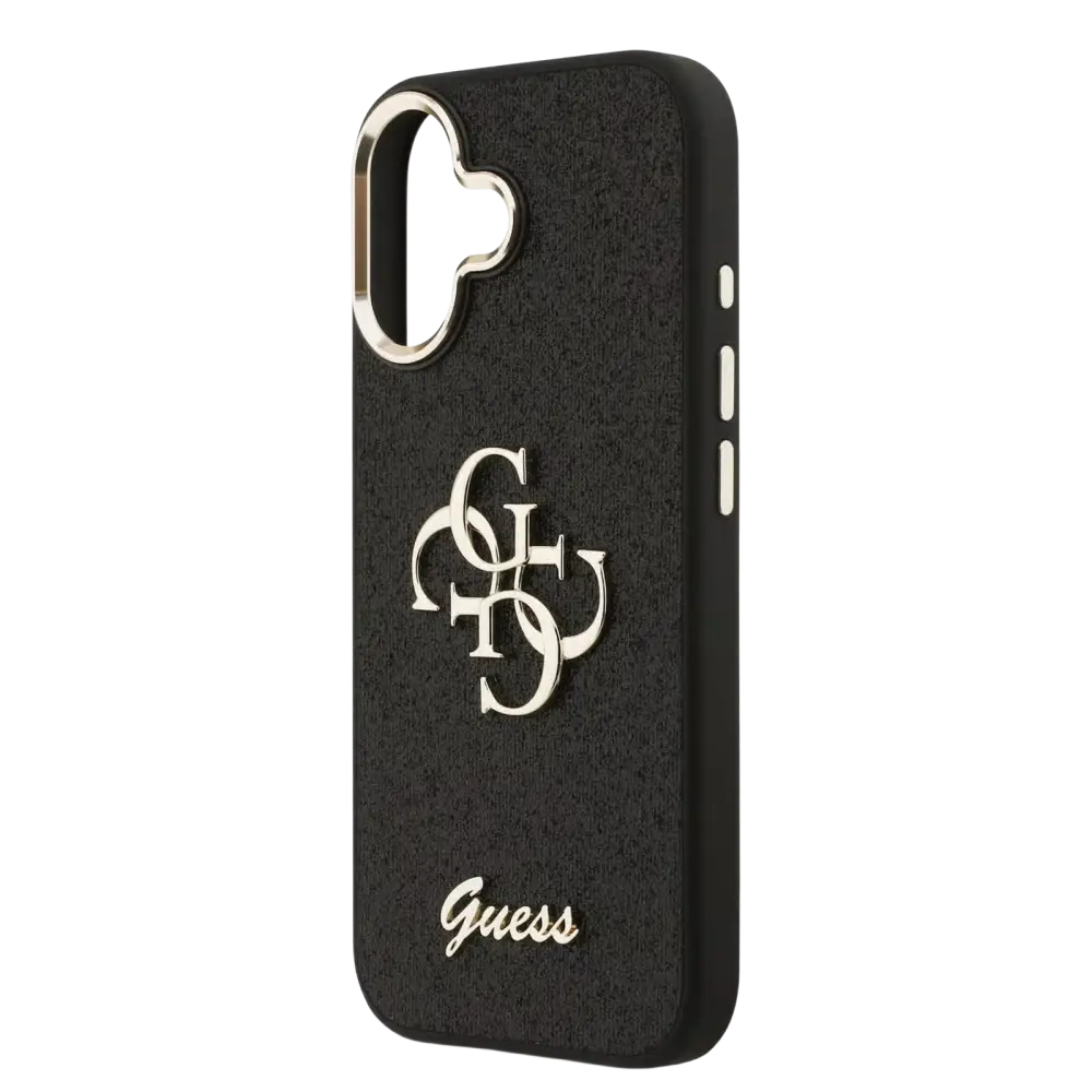 Guess PU Fixed Glitter 4G Metal Frame Hoesje – iPhone 17 Zwart - Back cover