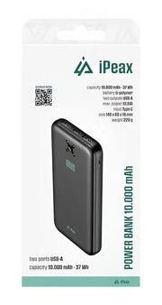 iPeax Powerbank 10.000 mAh - Blijf Opgeladen met Dubbele USB-A Oplader in Stijlvol Zwart