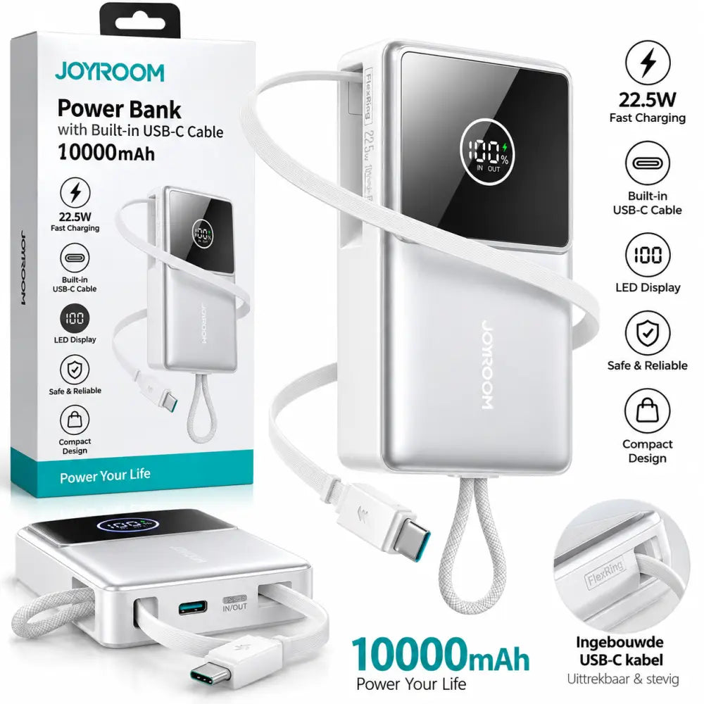 Joyroom Powerbank 10.000 mAh met Oprolbare USB-C Kabel – Wit