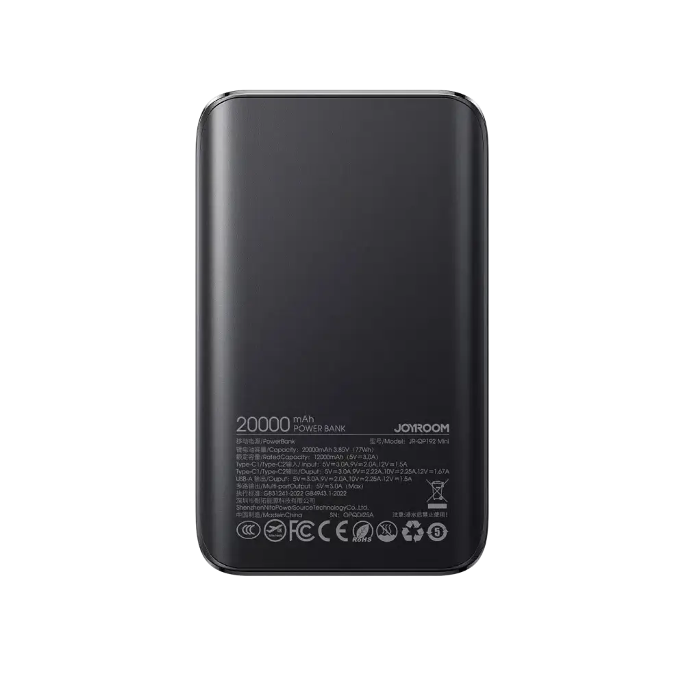 Joyroom Powerbank 20.000 mAh 22,5W met display en 3 poorten – Zwart