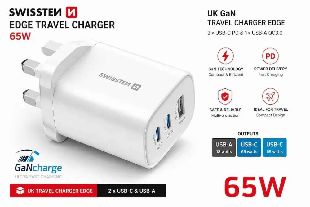 Krachtige Snellader voor Onderweg: Swissten Edge GaN Travel Charger 65W met UK Stekker