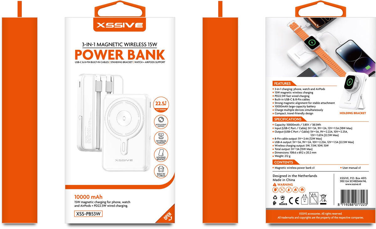 Xssive 3-in-1 magnetische 15-W-Powerbank inkl. Kabel, 10.000 mAh, XSS-PB53W – Weiß