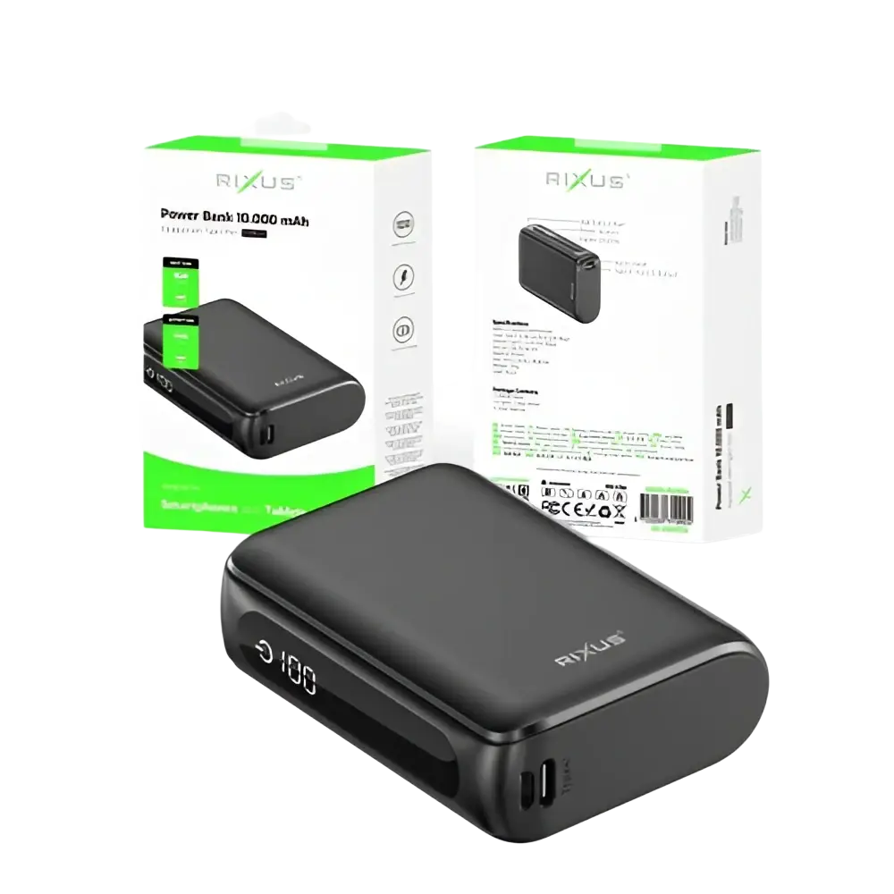 Rixus Compacte Powerbank 10.000 mAh met digitaal display – Zwart RXPB24