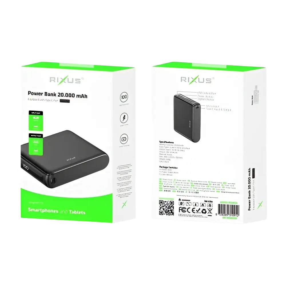 Rixus Compacte Powerbank 20.000 mAh met digitaal display – Zwart RXPB25