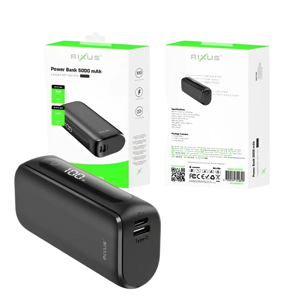 Rixus Compacte Powerbank 5.000 mAh met digitaal display – Zwart RXPB23