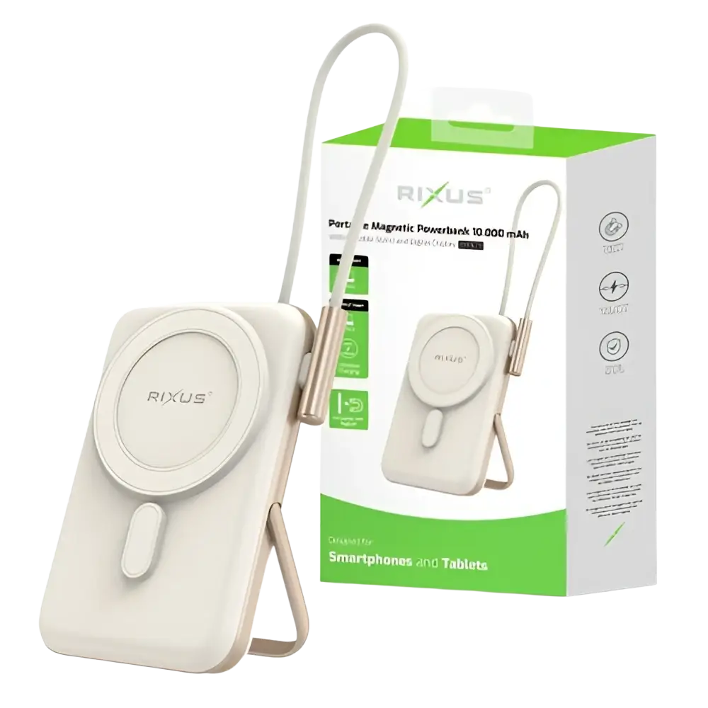 Rixus Magnetische Powerbank 10.000 mAh met ingebouwde USB-C-kabel – Rosé Goud RXPB29