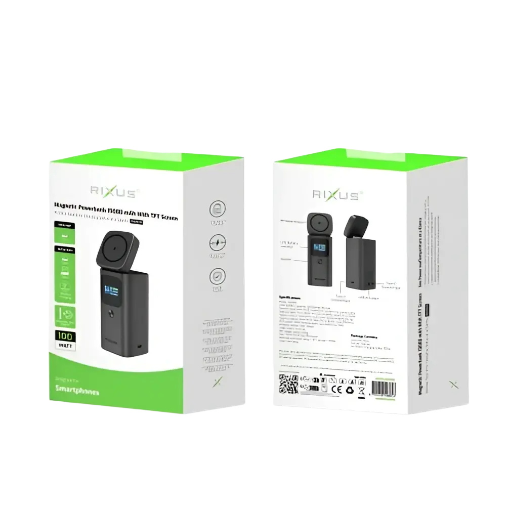 Rixus Magnetische Powerbank 15.000 mAh 100W met TFT-scherm – Donkergrijs RXPB15