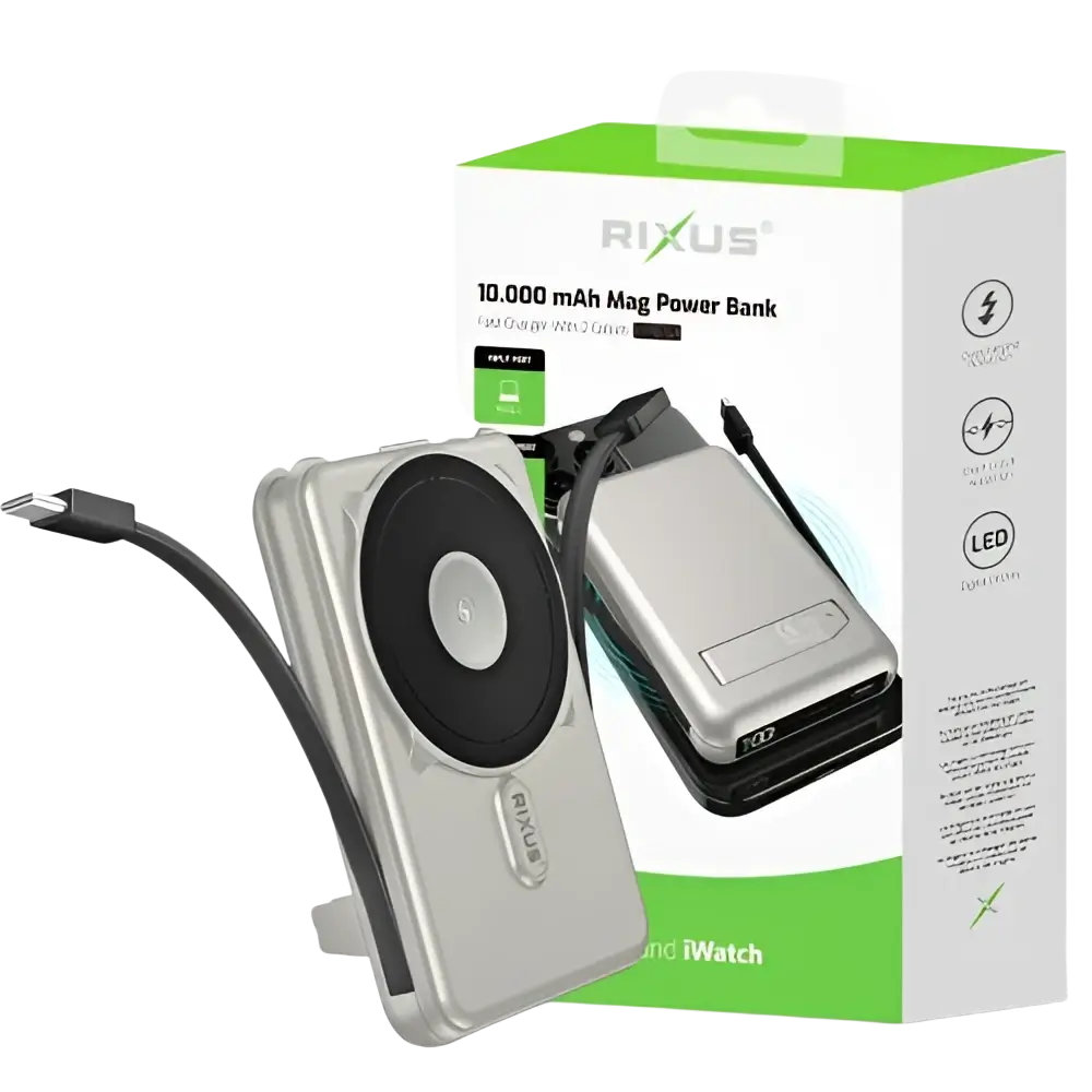 Rixus MagSafe Powerbank 10.000 mAh met ingebouwde kabel – Zilver RXPB76A