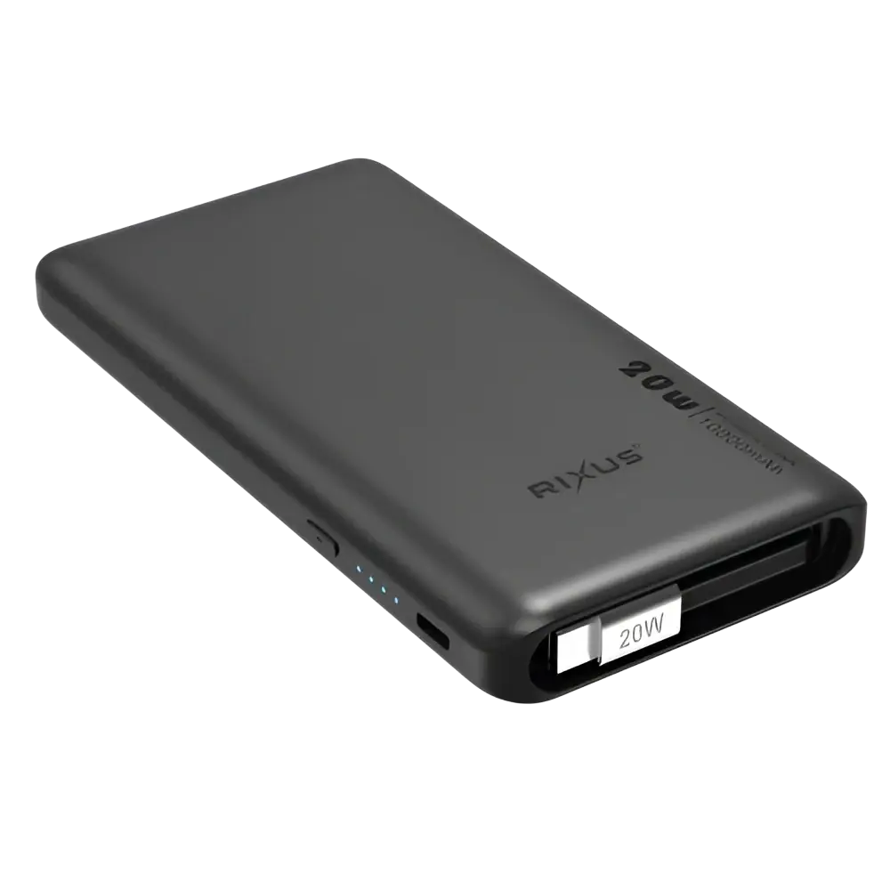 Rixus Powerbank 10.000 mAh 22,5W met ingebouwde USB-C-kabel 70 cm – Zwart RXPB08