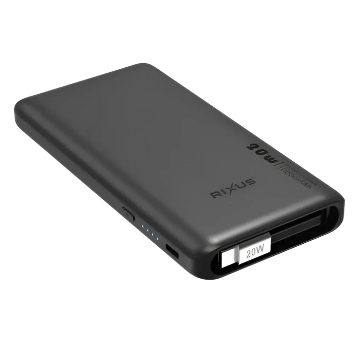 Rixus Powerbank 10.000 mAh 22,5W met ingebouwde USB-C-kabel 70 cm – Zwart – RXPB08