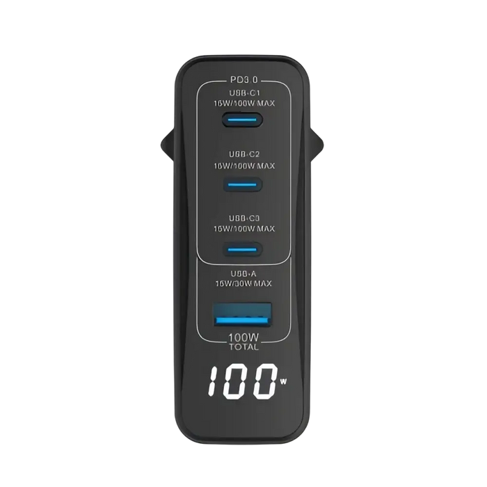 Rixus RX100 GaN Power Adapter met Digitaal Display – 100W – Zwart
