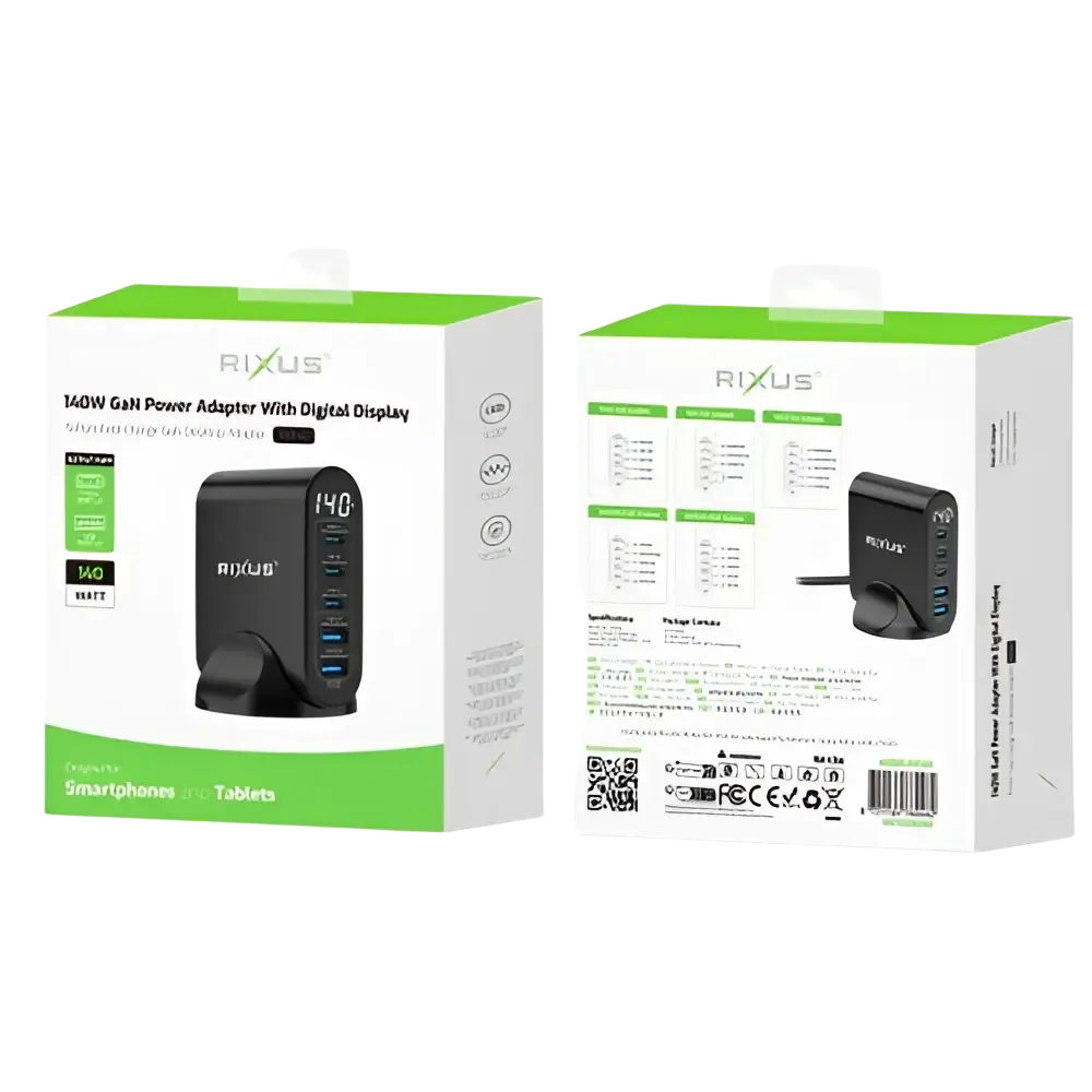 Rixus RX140 GaN Power Adapter met Digitaal Display – 140W Zwart - Oplader