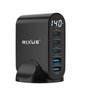 Rixus RX140 GaN Power Adapter met Digitaal Display – 140W Zwart - Oplader