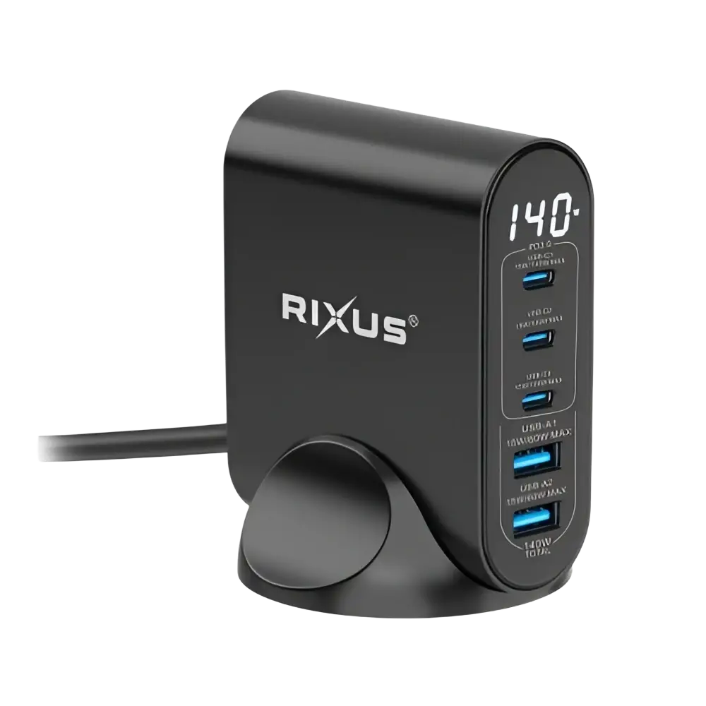 Rixus RX140 GaN Power Adapter met Digitaal Display – 140W Zwart - Oplader