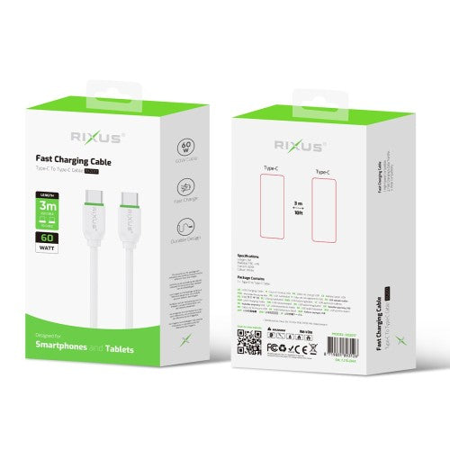 Rixus RX2017 USB-C naar USB-C 3 meter kabel verpakking voor- en achterzijde