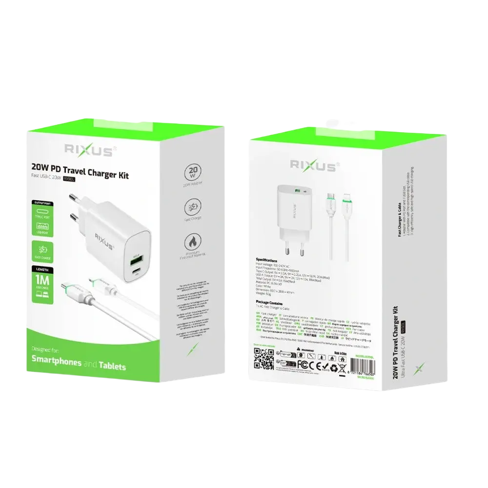 Rixus RX90CC Adapter met USB-C naar Kabel 1m – 20W Wit - Bundel Oplader