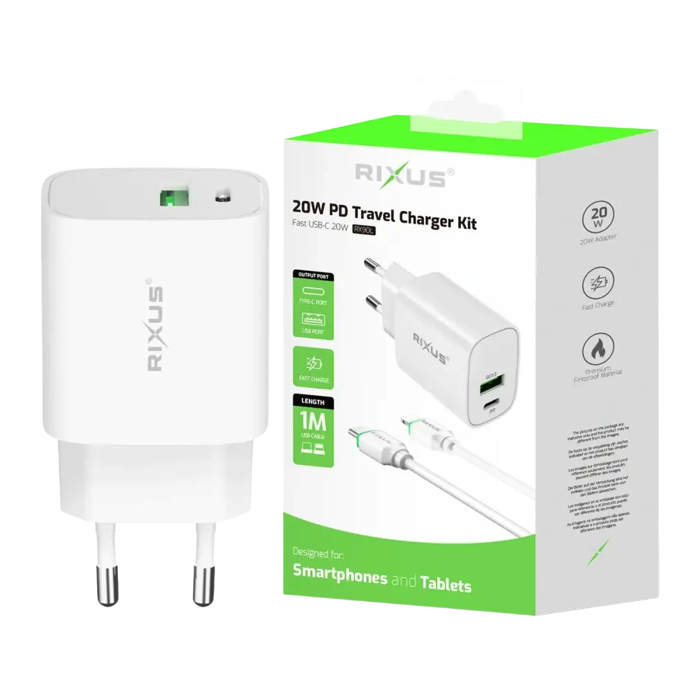 Rixus RX90CC Adapter met USB-C naar Kabel 1m – 20W Wit - Bundel Oplader