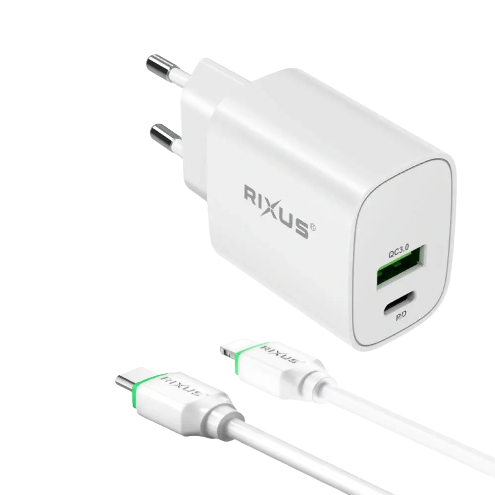Rixus RX90CC Adapter met USB-C naar Kabel 1m – 20W Wit - Bundel Oplader