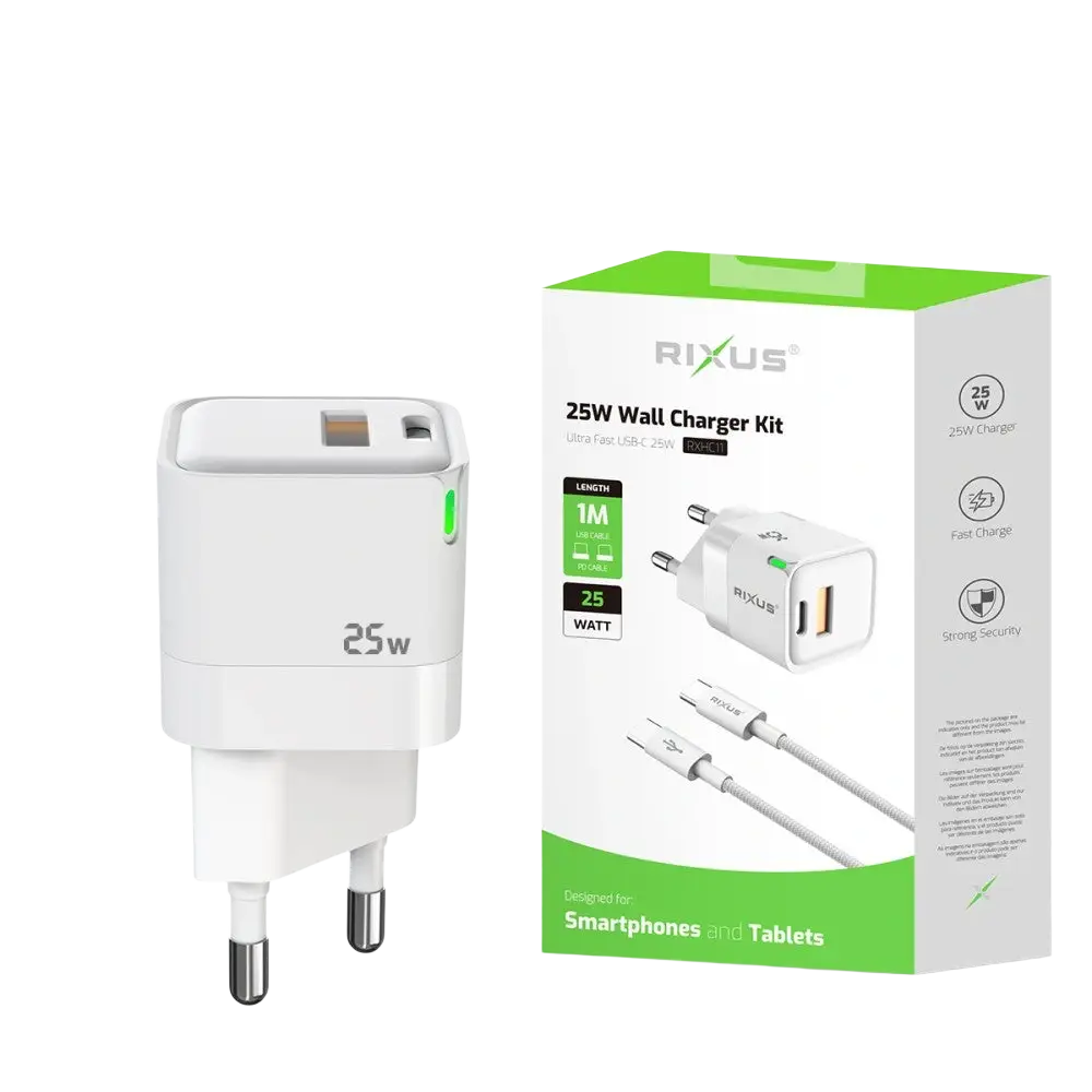 Rixus RXHC11 25W Wall Charger Kit met USB-C naar Kabel – Wit - Oplader