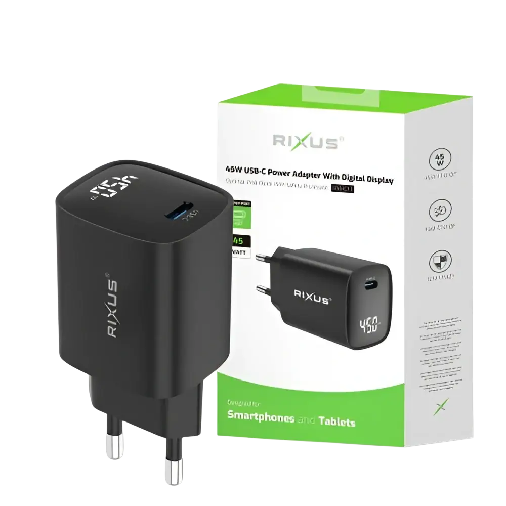Rixus RXHC13 USB-C Power Adapter met Digitaal Display – 45W Zwart - Oplader
