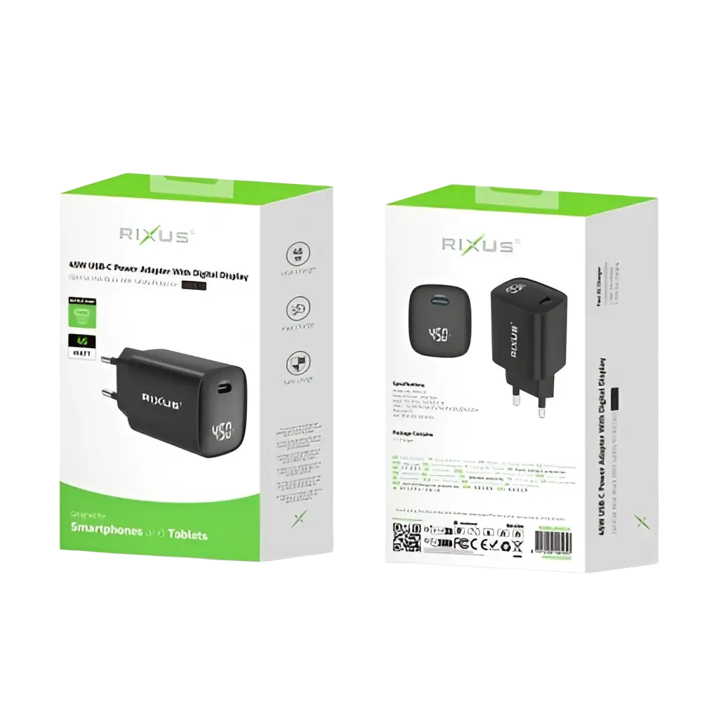 Rixus RXHC13 USB-C Power Adapter met Digitaal Display – 45W Zwart - Oplader
